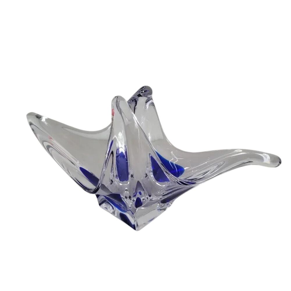 Val Saint Lambert Crystal Dish Bowl Clear Blue Vintage 1960s